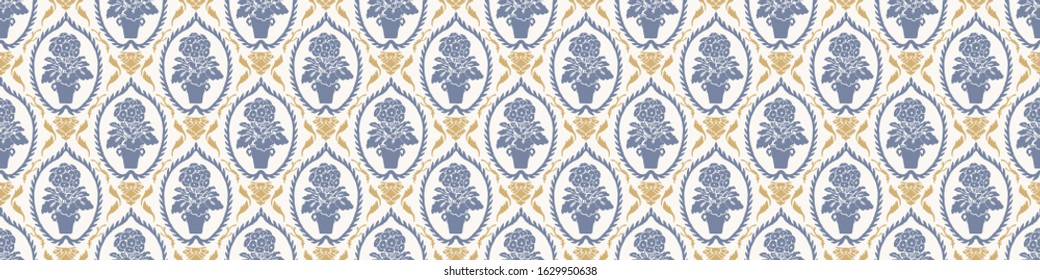 French damask shabby chic floral linen vector texture border background. Pretty daisy flower banner seamless pattern. Hand drawn floral interior home decor ribbon trim. Classic rustic farmhouse style.