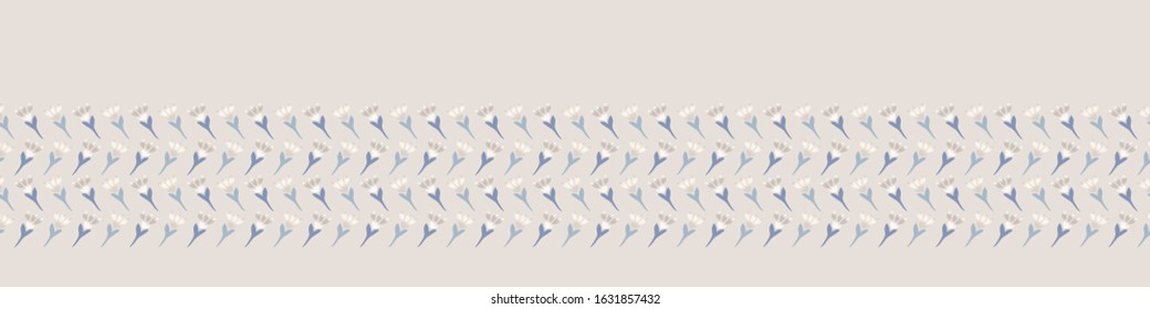 French damask shabby chic floral linen vector texture border background. Pretty seed flower banner seamless pattern. Hand drawn floral interior home decor ribbon trim. Classic rustic farmhouse style.
