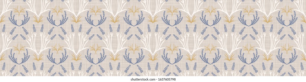 French damask shabby chic floral linen vector texture border background. Pretty daisy flower banner seamless pattern. Hand drawn floral interior home decor ribbon trim. Classic rustic farmhouse style