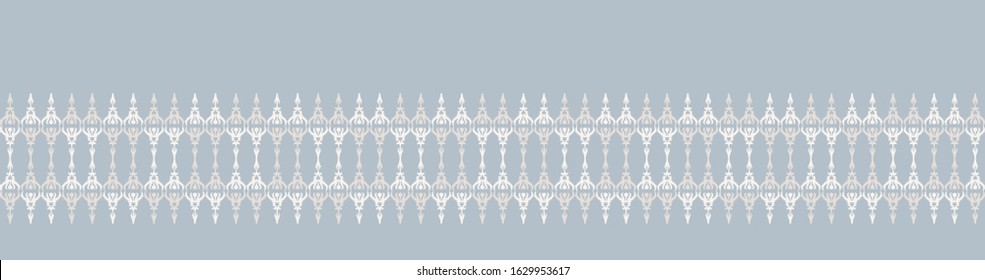 French damask shabby chic geo linen vector texture border background. Pretty daisy flower banner seamless pattern. Hand drawn floral interior home decor ribbon trim. Classic rustic farmhouse style.