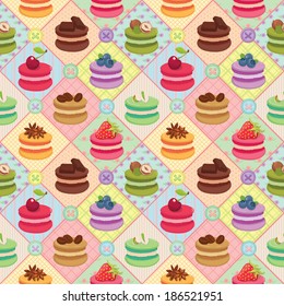 French delicious colorful, different tastes macarons on different backgrounds seamless pattern. Vector illustration.