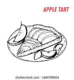 French dessert apple tart sketch. French pastries . Food menu design template. Hand drawn sketch vector illustration.