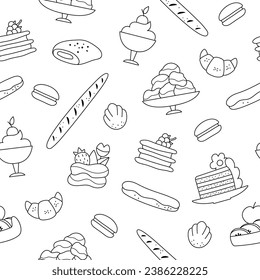 French dessert black and white vector seamless pattern. Repeat line background with baguette, croissant, eclair, cookie, cakes. Cute bakery of France digital paper or coloring page
