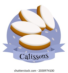 French dessert calissons. Colorful illustration for cafe, bakery, restaurant menu or logo and label. Glazed sweets with paste of candied melon, orange and almond. Traditional product of  Provence.