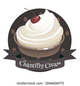 French dessert Chantilly cream. Colorful cartoon style illustration for cafe, bakery, restaurant menu or logo and label. Whipped cream in a bowl with cherry.