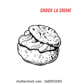 French dessert choux la creme sketch. French pastries . Food menu design template. Hand drawn sketch vector illustration.