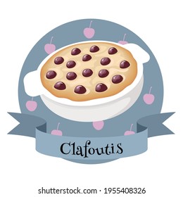 Französischer Nachtisch Clafoutis.Traditioneller Kuchen mit Kirschen. Farbige Cartoon-Illustration für Café, Bäckerei, Speisekarte oder Logo und Label.
