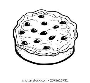 French dessert clafoutis.Traditional cake with cherry. Doodle style illustration for cafe, bakery, restaurant menu or logo and label.