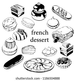 Postre francés :croissants, eclairs, Petit fours, crème pâtissière, pain au chocolate, tarte citron, tarta tarta, tarta, tarta de ópera, madeleine, macarrones y otros. Dibujo hecho a mano para logo, iconos, menús