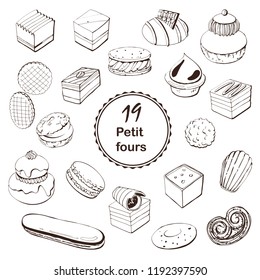 French dessert hand drawn sketch with  petit fours, Religieuse , Eclair . Linear images for logo, icons, menu design and other