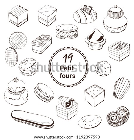 French dessert hand drawn sketch with  petit fours, Religieuse , Eclair . Linear images for logo, icons, menu design and other