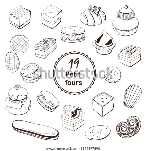 French dessert hand drawn sketch with  petit fours,\
Religieuse , Eclair . Linear images for logo, icons, menu design\
and other