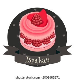 French dessert Ispahan. Colorful cartoon style illustration for cafe, bakery, restaurant menu or logo and label. Traditional macaron cake with butter cream and raspberries.