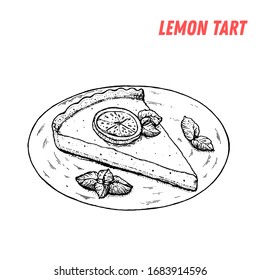 Toceta de tarta de limón de postre francés. bollería francesa. Plantilla de diseño de menú de comida. Dibujo manual de ilustración vectorial.