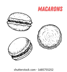 French dessert macaron sketch. French pastries . Food menu design template. Hand drawn sketch vector illustration.