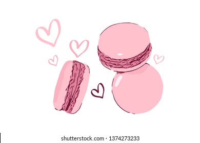 French dessert macaroon. Pink macarons on white background with hearts. Love macaroni illustration.