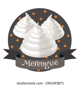 Merengue de postre francés. Colorida ilustración de estilo de dibujos animados para café, panadería, menú de restaurante o logotipo y etiqueta.