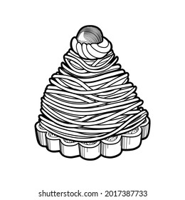 French dessert Mont Blanc. Traditional pastries with merengue and chestnut paste . Vector outline illustration in doodle style for cafe and bakery menu or logo, label and food packaging.