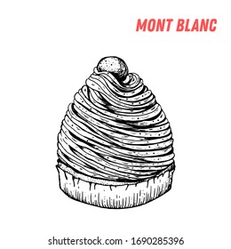 French dessert mont blank sketch. French pastries . Food menu design template. Hand drawn sketch vector illustration.