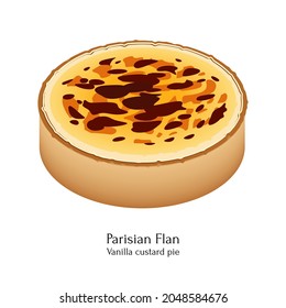 postre francés flan parisina. Colorida ilustración de estilo de dibujos animados para café, panadería, menú de restaurante o logotipo y etiqueta. Pastel tradicional con crema de crema de vainilla. Aislado sobre fondo blanco.