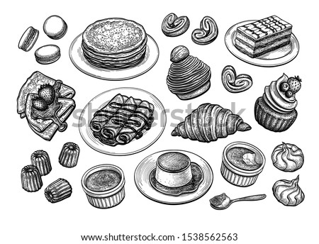 French desserts and pastries. Dig set. Collection of ink sketches isolated on white background. Hand drawn vector illustration. Retro style.