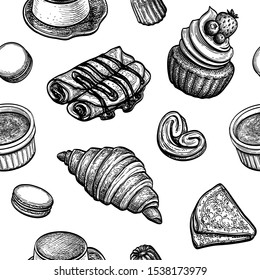 French desserts and pastries. Seamless pattern. Collection of ink sketches on white background. Hand drawn vector illustration. Retro style.