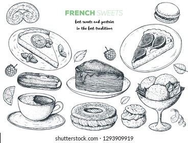 French desserts set with lemon pie, eclair, paris brest, faux crepe cake, fig pie, macaron, palmier. French cuisine top view frame. Food menu design template. Hand drawn sketch vector illustration. 
