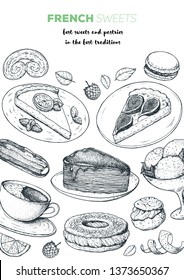 French desserts set with lemon pie, eclair, paris brest, faux crepe cake, fig pie, macaron, palmier. French cuisine top view frame. Food menu design template. Hand drawn sketch vector illustration.