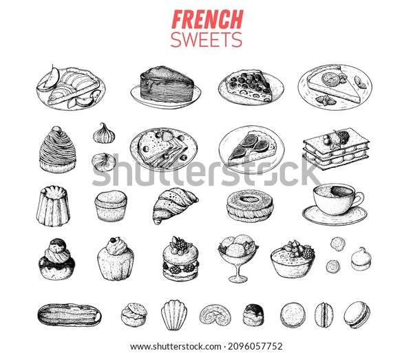 French desserts set with rum baba, palmier,\
chocolate religieuse, macaron, canele, mont blanc, profiterole\
creme brulee French cuisine. Food menu design template. Hand drawn\
sketch vector\
illustration