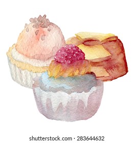 French desserts watercolor hand drawn set of bakery, eps10