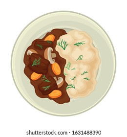 French Dish with Meat Gravy Served on Plate Vector Illustration