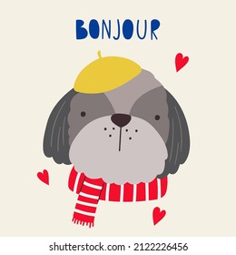 French dog. French style dog. Vector illustration cartoon dog dressed in French style in beret. Good for posters, t shirts, postcards.