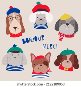 French dogs. French style dogs set. Vector illustration of a funny cartoon of different breeds of dogs dressed in French style in berets and striped clothes.  Good for posters, t shirts, postcards.