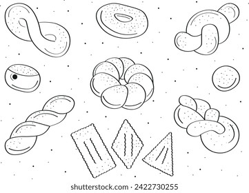 French donut, fried doughnut or beignets de carnaval. Black line vector doodle illustration of different type of round, twisted donuts for carnival season.