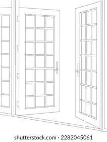 French Door Open Black and White Vector Line Art