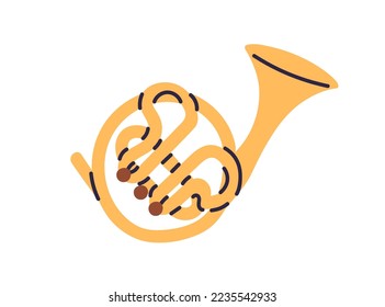 French double horn, brass woodwind music instrument. Gold curved trumpet, bent twisted rounded wrapped tube. Flat vector illustration isolated on white background.