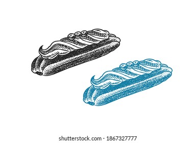 Eclair francés. Pastel dulce. Producto de panadería dibujado a mano. La comida dulce de celebración. Esbozo grabado de época. Ilustración vectorial de un cartel o menú de un café y restaurante.