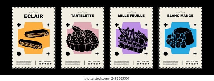 French eclair, tartelette, mille-feuille, blanc mange. Price tag or poster design. Set of vector illustrations. Typography. Engraving style. Labels, cover, t-shirt print, painting.	