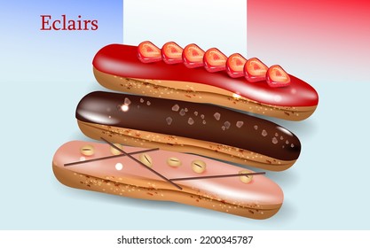 French eclairs on the background of the colors of the flag