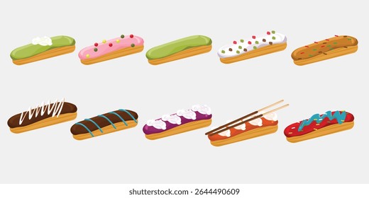 Eclairs franceses com morango de chocolate Tiramisu e coberturas de Matcha para design elegante de sobremesa
Perfeito para design de menu de sobremesa, marca de café e imagens de padaria. Estes doces gourmet destacam o