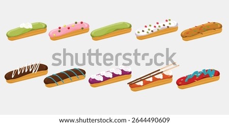 French Eclairs with Tiramisu Chocolate Strawberry and Matcha Toppings for Elegant Dessert Design
Perfect for dessert menu design, cafe branding, and bakery visuals. These gourmet pastries highlight th