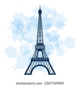 French Eiffel Tower on the background of watercolor stains, blots. Illustration, vector	
