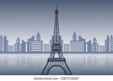 French Eiffel Tower on the background of urban architecture and the river. Illustration, print, vector