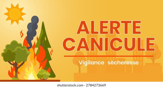 French emergency poster ALERTE CANICULE, VIGILANCE SECHERESSE with wildfire, urban skyline , drought warnin emergency contact symbol. French text means Heatwave Alert and Drought Warning. 