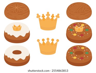 French Epiphany cake icon, vector icon set. Three kings cake. Epiphany kings cake with a golden paper crown