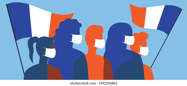 The French in face masks with the flags of France. Silhouette vector stock illustration. Medical mask at lockdown. People against coronavirus in France. Color illustration