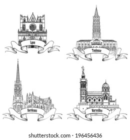 French famous buildings and landmarks. Hand drawn French city label set. Roman architecture. Travel France engraving symbols. Bordeaux, Toulouse, Lyon, Marseille cathedrals.