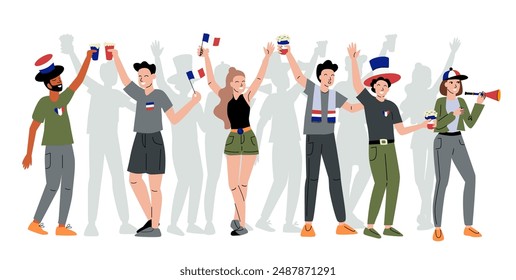 French fans illustration. People cheering with France flags. Vector illustration isolated on white background. Sport and soccer celebration.