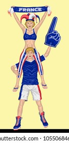 French Fans Supporting France Team with Scarf and Foam Finger. All the objects are in different layers and the text types do not need any font. 