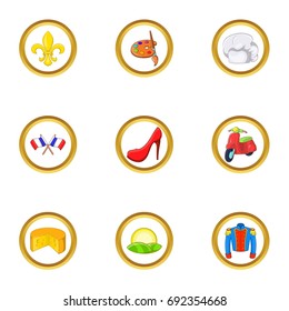French fashion icon set. Cartoon set of 9 french fashion vector icons for web isolated on white background